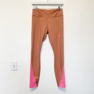 NIKE Dri-Fit Orange-Tan Pink Leggings Ankle Length Back Stash Pocket SIZE M